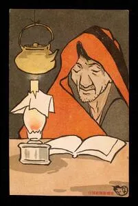 Man reading by lantern