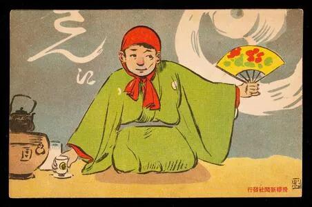 Man holding fan and drinking tea