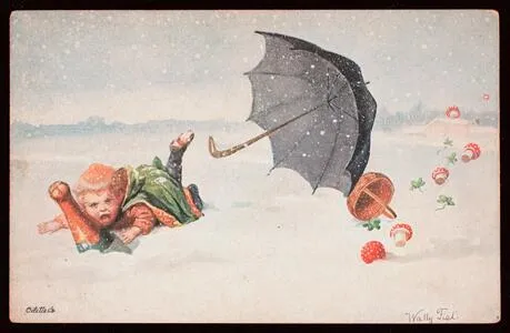 Girl with umbrella falling in snow