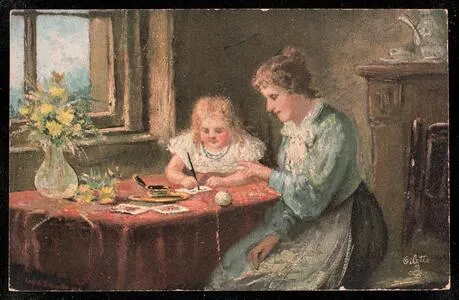 Woman and child writing at a table