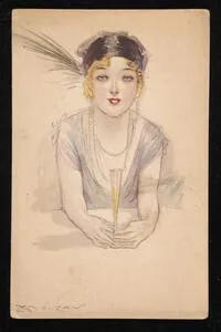 Woman in pearls and feathered hat, holding a glass of champagne