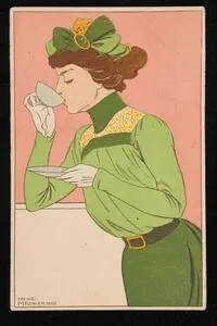 Woman in green drinking tea