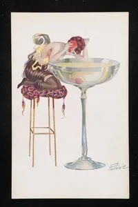 Partly-clothed woman peering into an oversized glass of alcohol