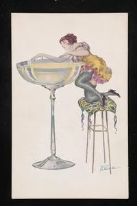 Partly-clothed woman peering into an oversized glass of alcohol