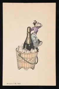 Woman having a drink while standing in an oversize champagne bucket
