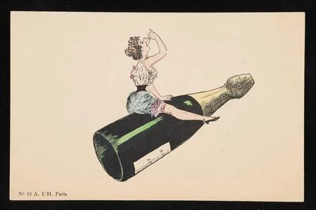 Woman riding an oversized champagne bottle
