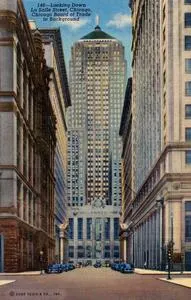 Looking down La Salle Street, Chicago, Chicago Board of Trade in background