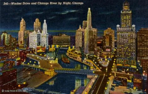 Wacker Drive and Chicago River by night, Chicago