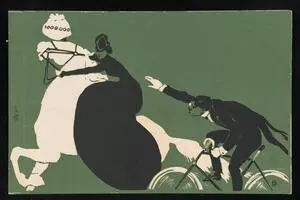 Man on bicycle chasing woman on horse
