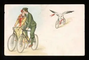 Couple kissing on bikes, trailed by stork on bike