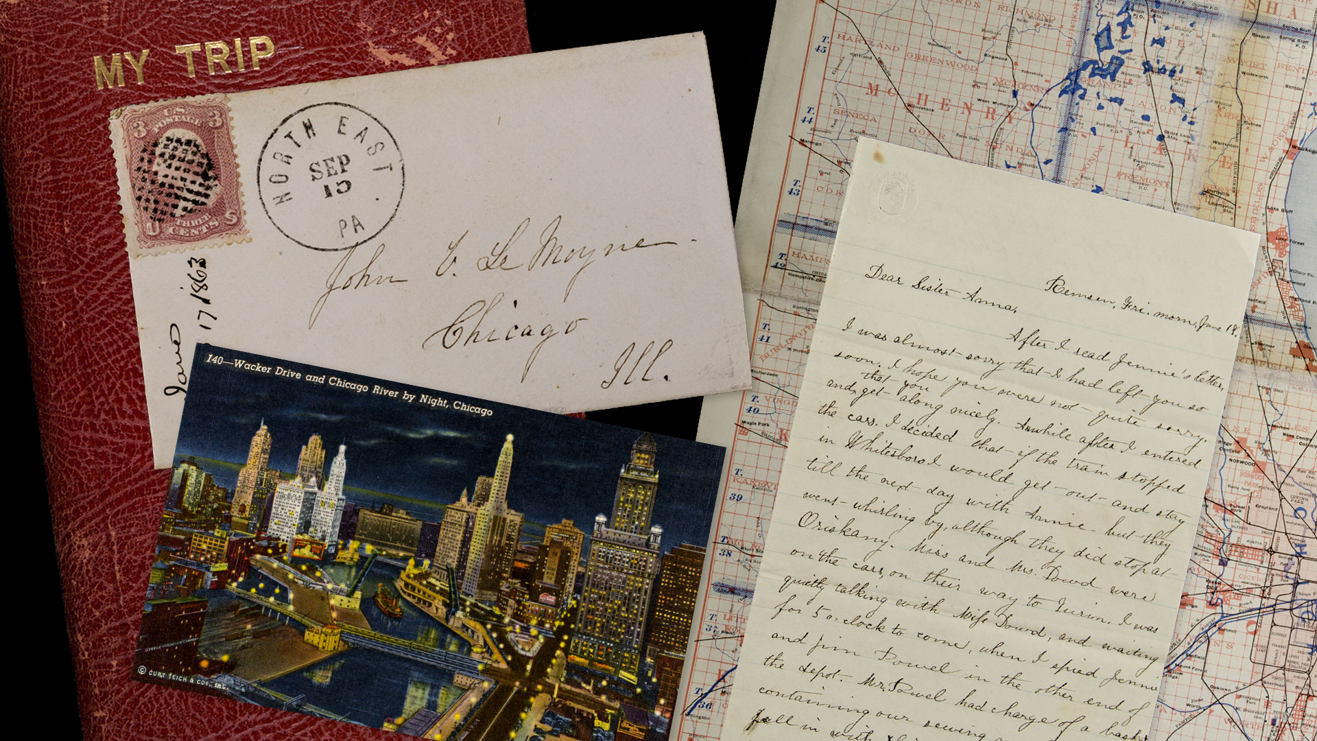old postcards, diary pages, and passports